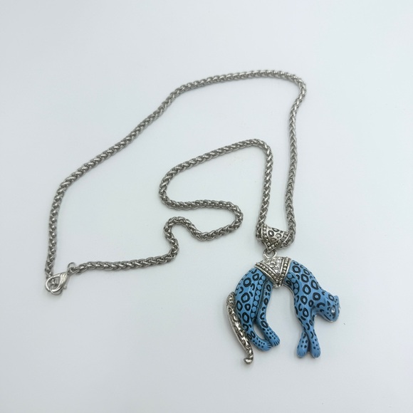 Art Deco Rhinestones Blue Enamel Panther Pendant Long Necklace Animal Motif - Picture 4 of 9